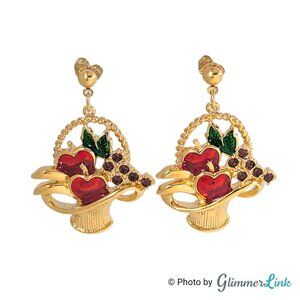 Vintage 90s Avon Fruit Basket Colorful Enamel Gold Tone Pierced Dangle Earrings